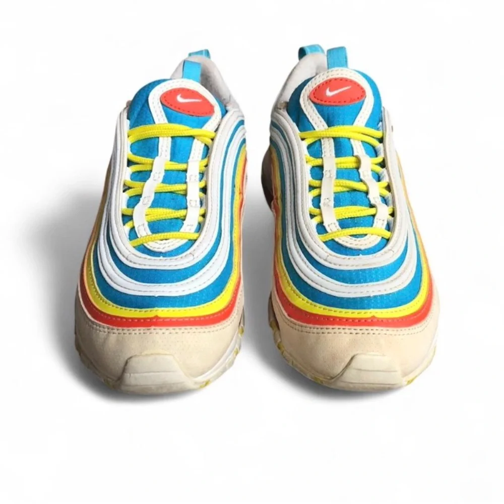 Nike Air Max 97 Shoes Youth Size 5Y White Blue Red Yellow GS Retro Running.